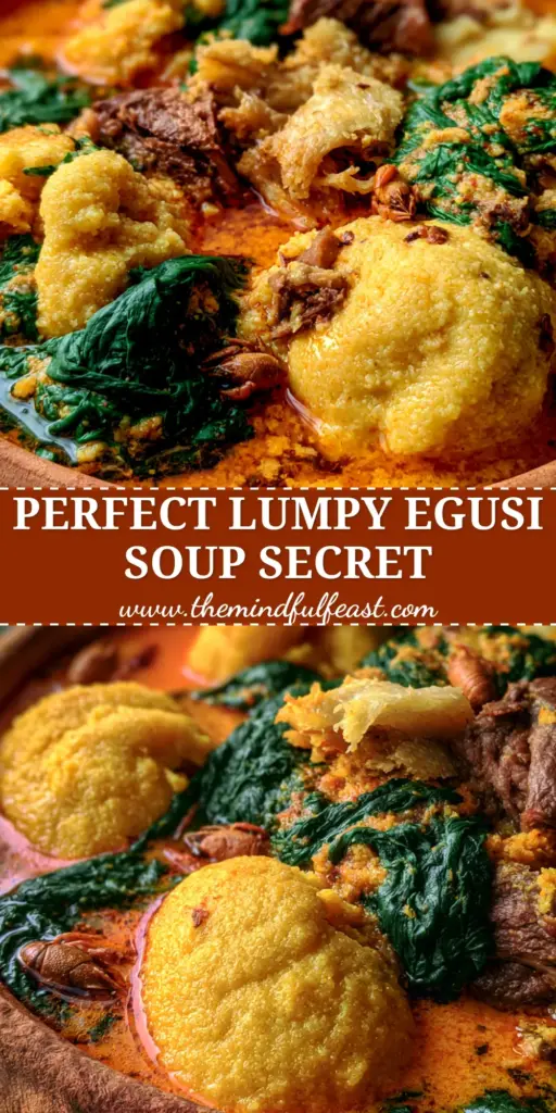 Egusi Soup Recipe: Authentic Nigerian Lumpy Melon Seed Stew 4 A rustic clay pot filled with authentic lumpy Egusi Soup Recipe featuring large melon seed lumps, beef, and spinach. (Egusi Soup Recipe)