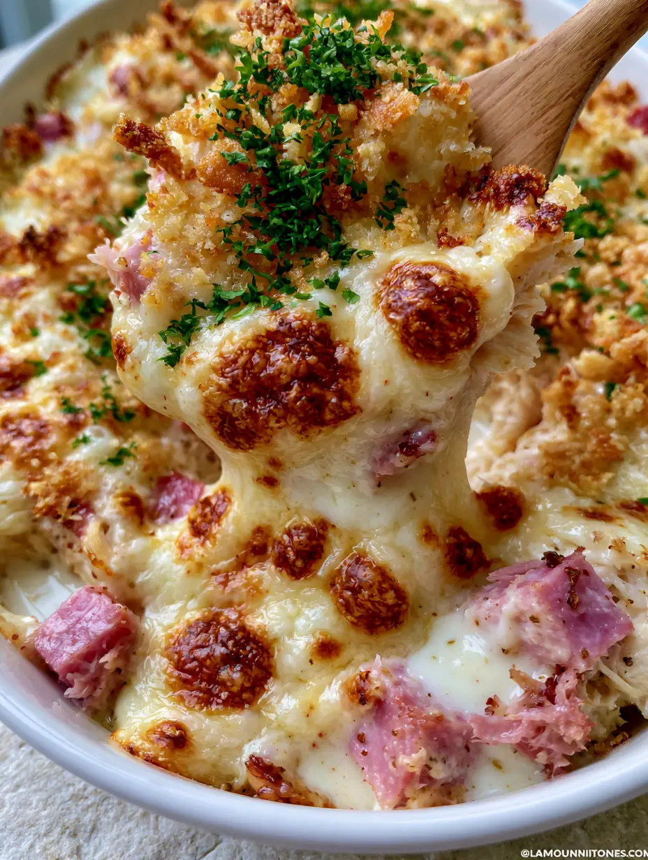 Extreme close-up of shredded chicken, ham cubes, and bubbling Swiss cheese in a white dish. (Chicken Cordon Bleu recipe)