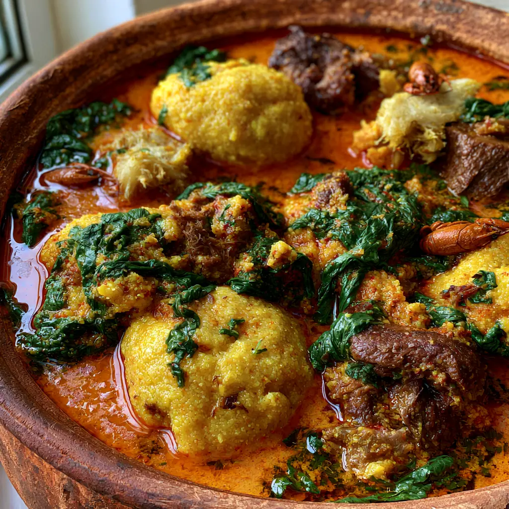 Egusi Soup Recipe: Authentic Nigerian Lumpy Melon Seed Stew 2 Extreme close-up of golden-yellow steamed egusi lumps and succulent beef chunks in a red palm oil sauce. (Egusi Soup Recipe)