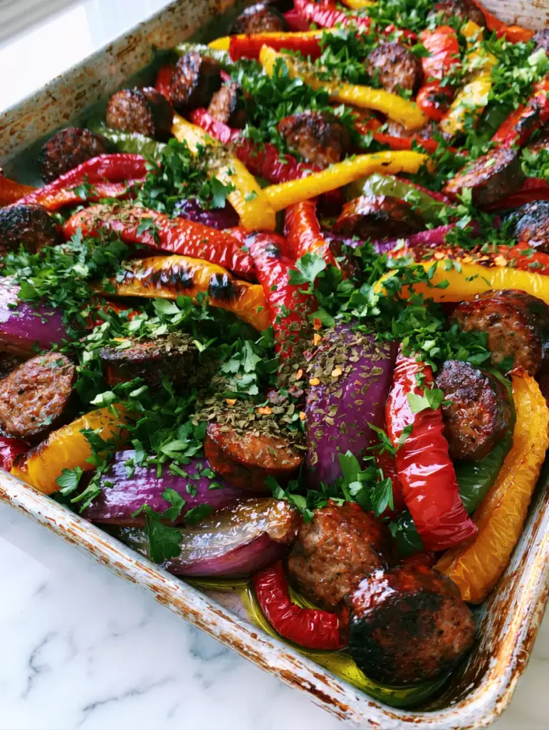 Sausage and Peppers Recipe: A Masterclass in Sheet Pan Searing and Charred Flavors 2 High-angle shot of a sausage and peppers recipe on a weathered aluminum pan featuring seared sausage coins and blistered peppers.