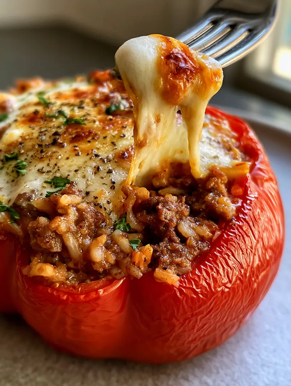 Macro photo of a firm red bell pepper showing the roasted sheen and moist beef and rice filling. (stuffed peppers recipe)