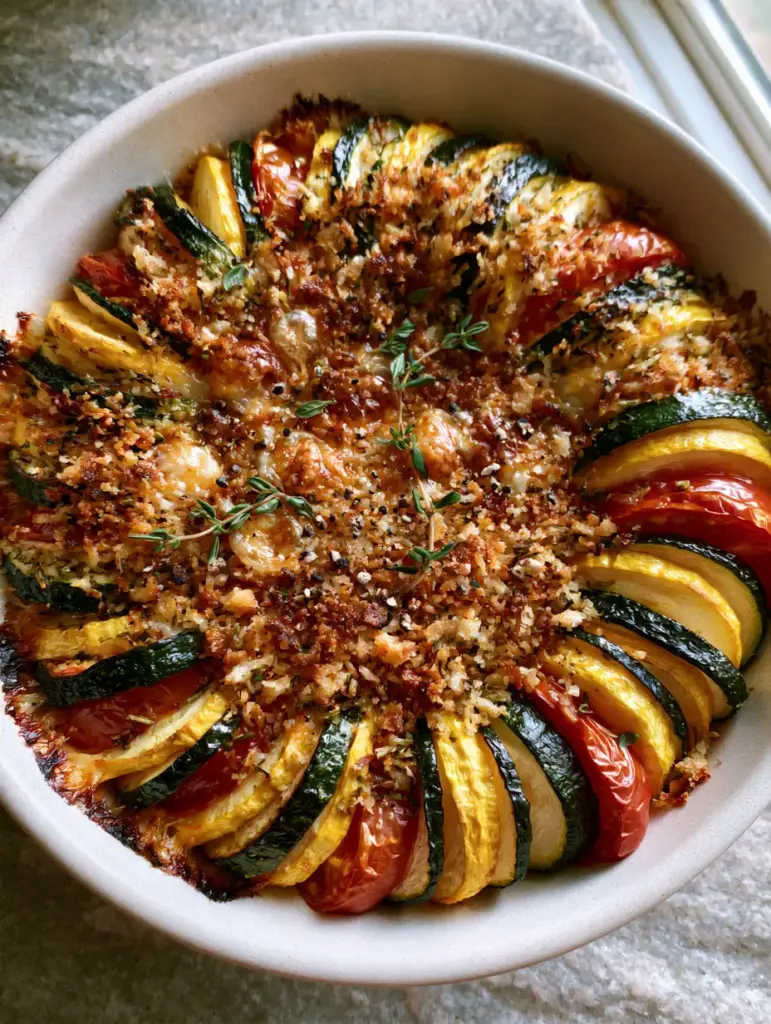 Summer Vegetable Gratin with a Crispy Parmesan Herb Crust 1 A finished Summer vegetable gratin with melted cheese bubbles, toasted breadcrumbs, and charred vegetable edges in a matte white dish.