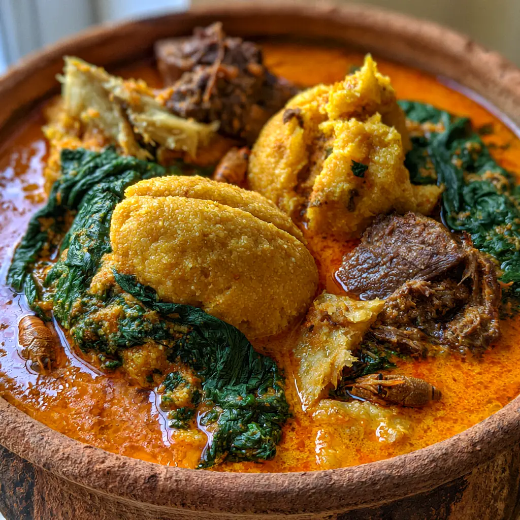 Egusi Soup Recipe: Authentic Nigerian Lumpy Melon Seed Stew 1 Authentic Nigerian Egusi Soup Recipe showing vibrant green spinach leaves and golden oil bubbles in a rich sauce.