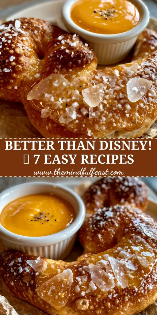 Disney Inspired Food: The Ultimate Mickey-Shaped Soft Pretzel Recipe 4 A golden-brown Mickey-shaped soft pretzel on parchment paper with a side of cheddar cheese sauce. (Disney inspired food)