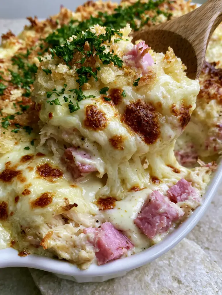 Detailed view of the golden-brown toasted panko crust and fresh parsley garnish on top of melted cheese.