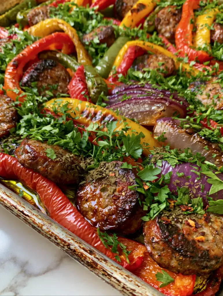 Sausage and Peppers Recipe: A Masterclass in Sheet Pan Searing and Charred Flavors 1 Close-up of caramelized red onions and vibrant bell peppers in a sausage and peppers recipe on a white marble counter.