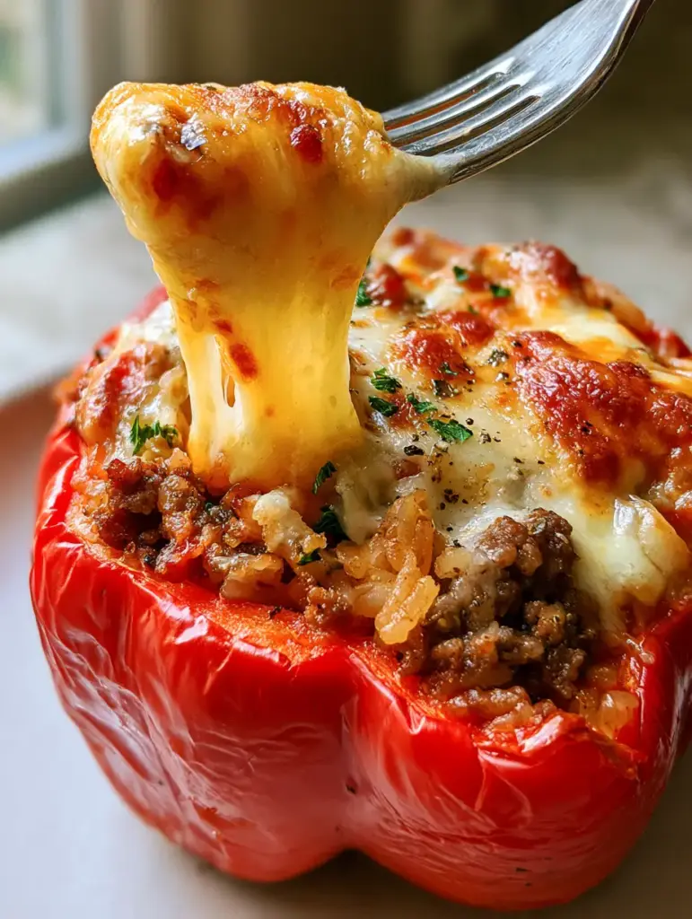 Overhead view of stuffed peppers in a baking dish with melted mozzarella and cracked black pepper.