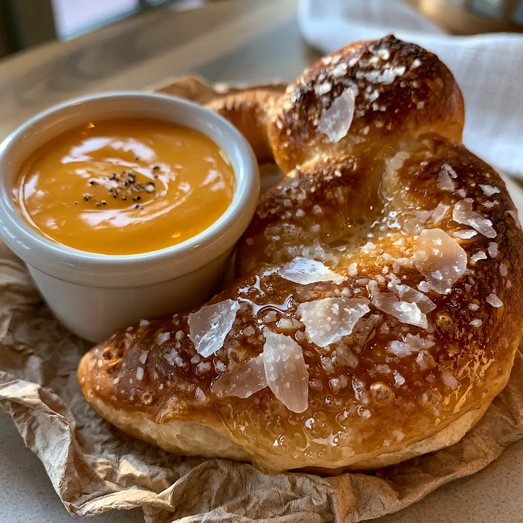 Disney Inspired Food: The Ultimate Mickey-Shaped Soft Pretzel Recipe 2 A handheld photo of a buttery Mickey-shaped soft pretzel with Maldon salt flakes. (Disney inspired food)
