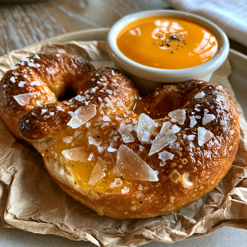 Disney Inspired Food: The Ultimate Mickey-Shaped Soft Pretzel Recipe 1 Golden-brown Mickey pretzel with slight baking bubbles and a side of orange cheese sauce.