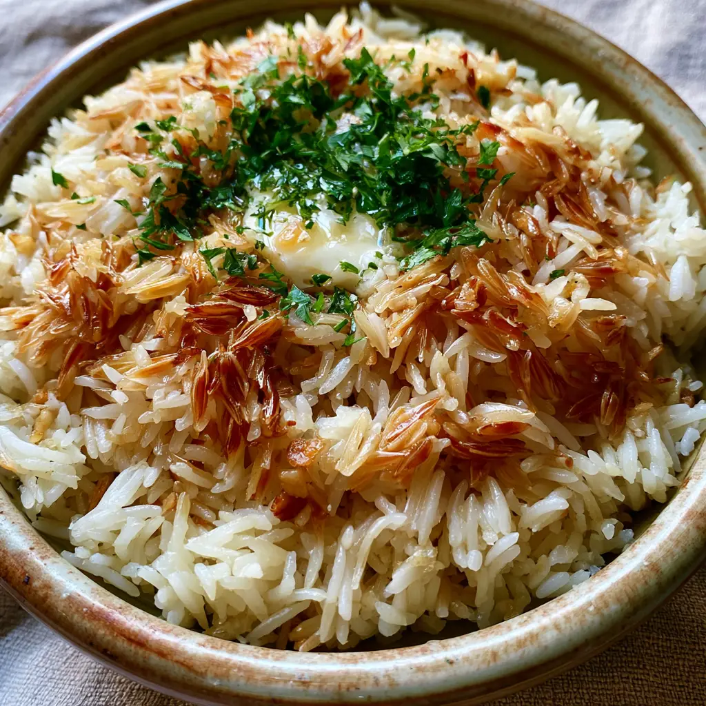 Texture shot of glistening grains of rice pilaf with minced garlic and fresh parsley garnish. (rice pilaf recipe)