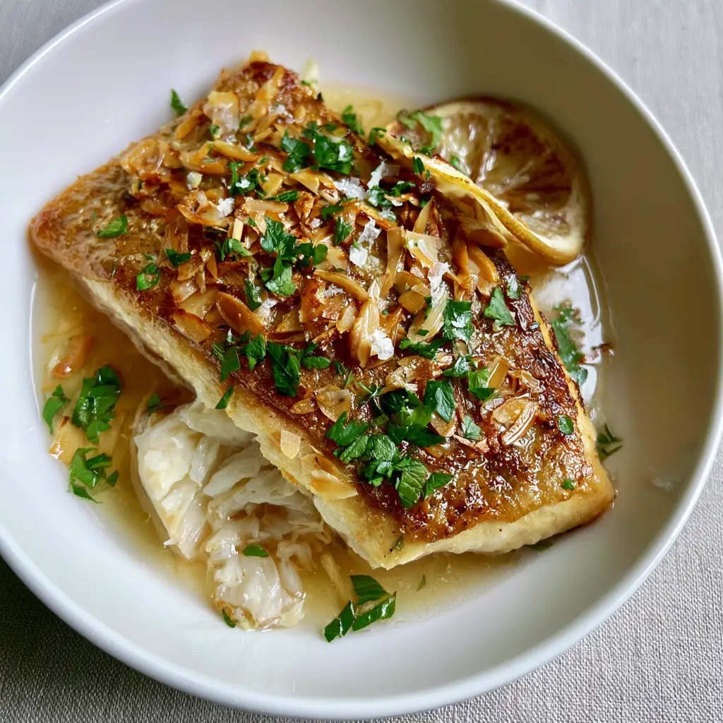 Trout Almondine with Crispy Skin and Lemon Garlic Butter 1 Close up view of flaked white trout meat showing succulent texture and butter sauce.