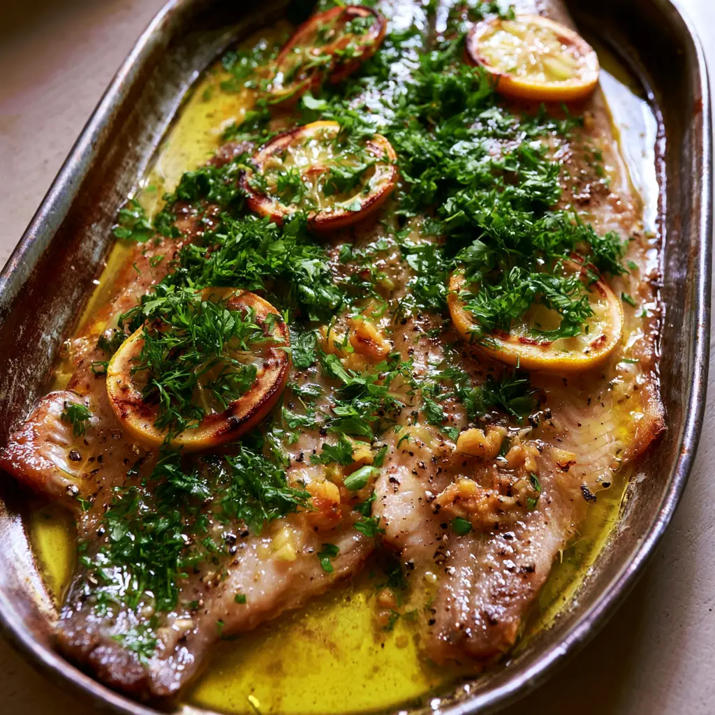 Lemon Herb Butter Trout: The Ultimate 20-Minute Sheet Pan Seafood Dinner 1 Rustic metal pan showing seared trout with melted garlic butter and cracked black pepper.