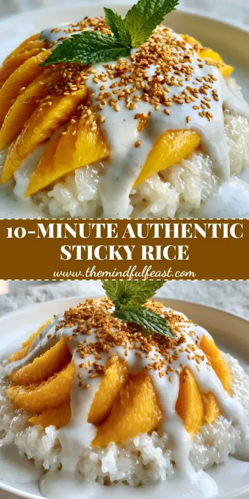A top-down view of mango sticky rice on a white plate with fanned orange mango slices and coconut sauce drizzle.