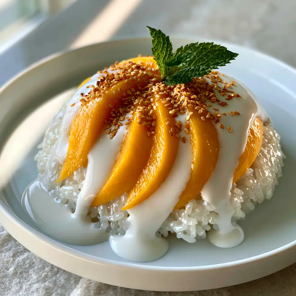 A handheld smartphone photo of a white ceramic plate holding a mound of glistening, pearlescent mango sticky rice with deep-orange fanned mango slices.