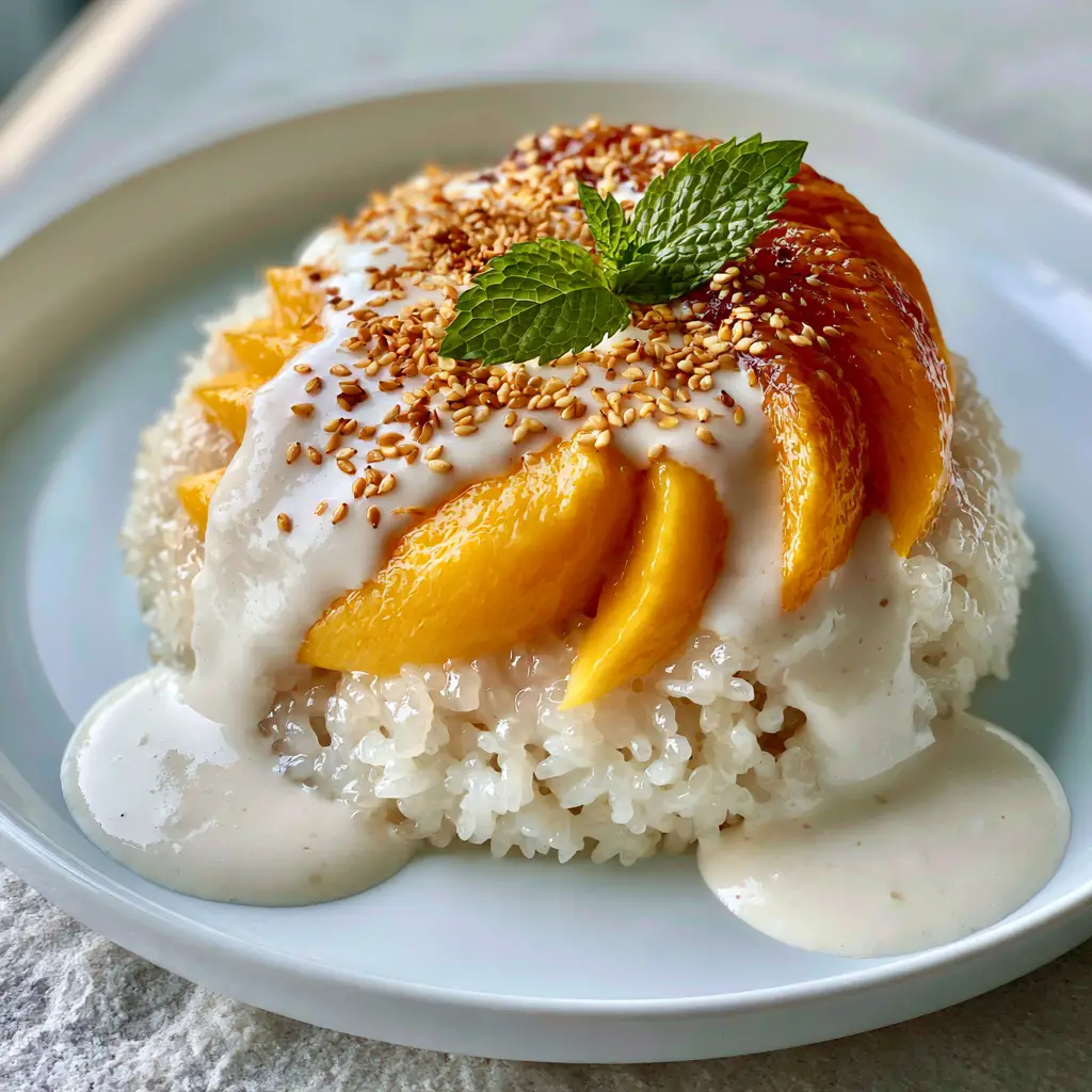Close up of coconut cream sauce pooling at the base of mango sticky rice garnished with sesame seeds and mint.