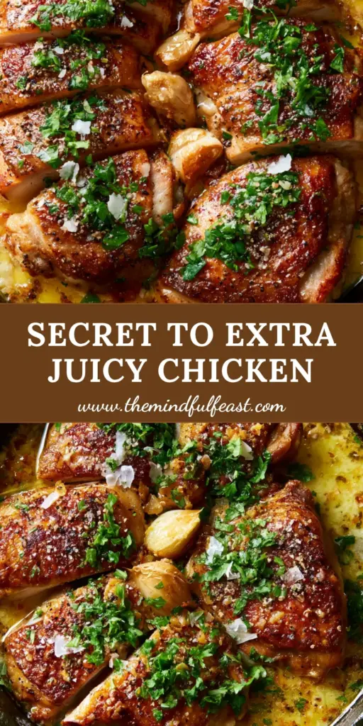 Flavorful Chicken Thighs with Crispy Skin and Roasted Garlic Butter 4 Overhead shot of sliced Flavorful chicken in a cast iron skillet with garlic butter sauce and fresh parsley.