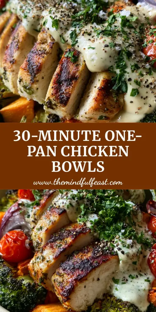 Roasted Chicken Dinner Bowl with Charred Broccoli and Lemon Tahini 3 A top-down view of a gourmet roasted chicken dinner bowl with charred broccoli, sweet potatoes, and creamy tahini sauce in a matte stoneware bowl. (roasted chicken dinner bowl)