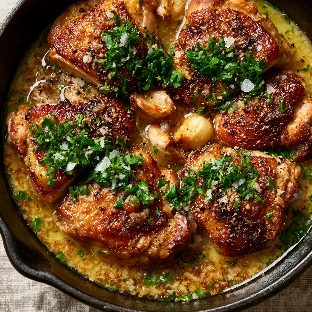 Close-up of crispy skin Flavorful chicken with roasted garlic cloves and sea salt flakes.