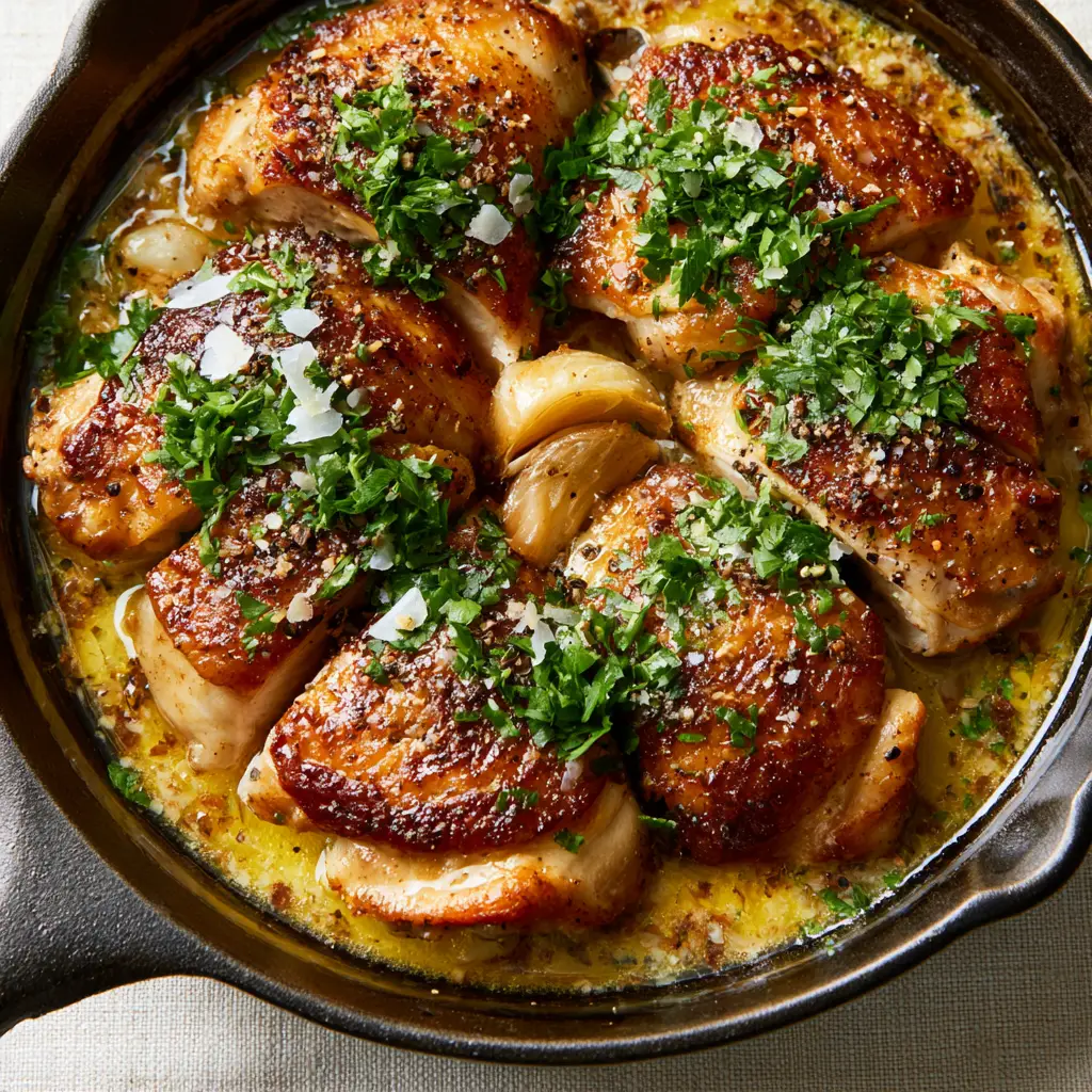 Flavorful Chicken Thighs with Crispy Skin and Roasted Garlic Butter 1 A rustic cast iron pan filled with seared chicken, whole garlic, and vibrant green parsley.