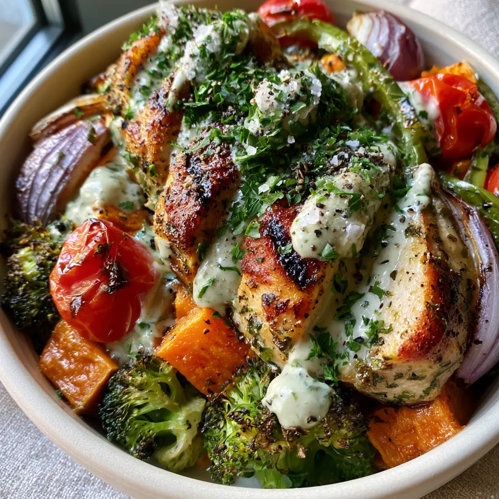 Macro shot of seared golden-brown chicken slices and charred broccoli florets in a bowl. (roasted chicken dinner bowl)
