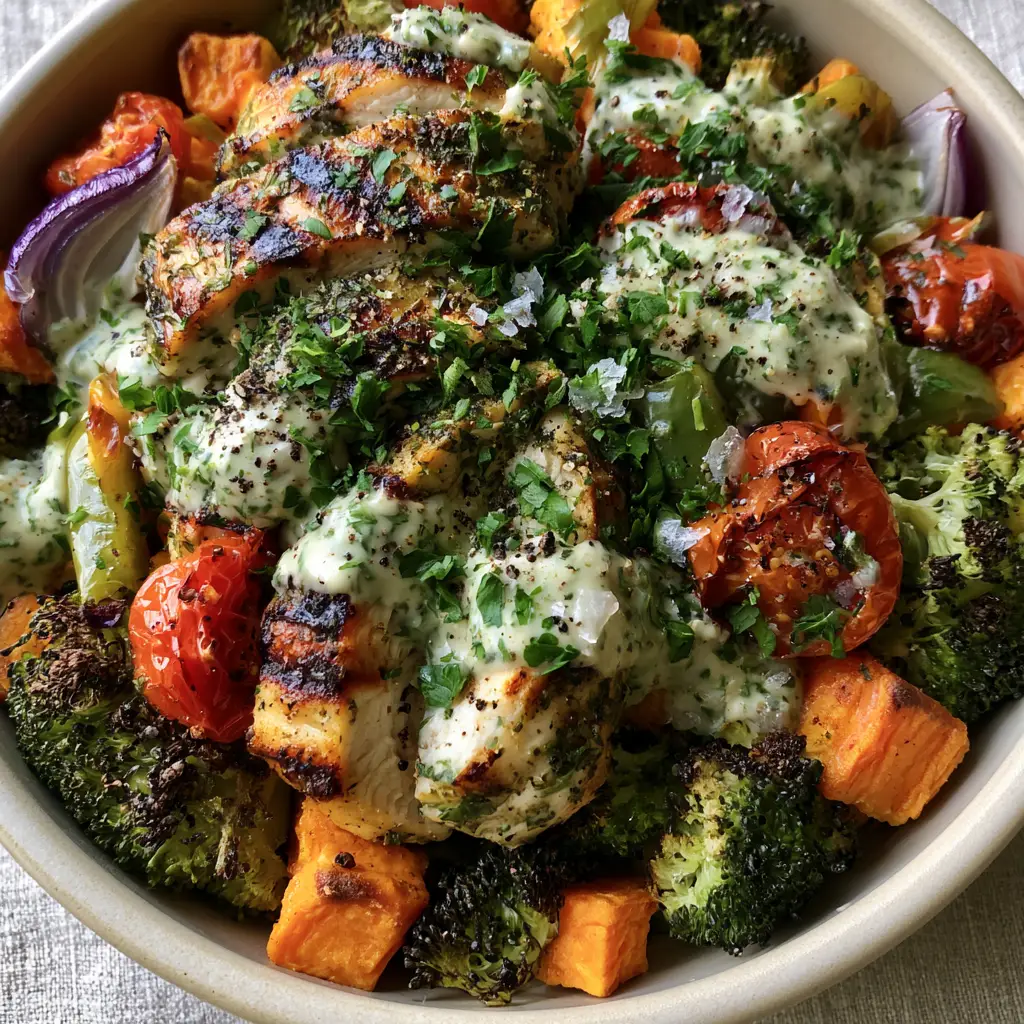 Roasted Chicken Dinner Bowl with Charred Broccoli and Lemon Tahini 1 A close-up of blistered cherry tomatoes and roasted sweet potatoes topped with creamy tahini and parsley. (roasted chicken dinner bowl)