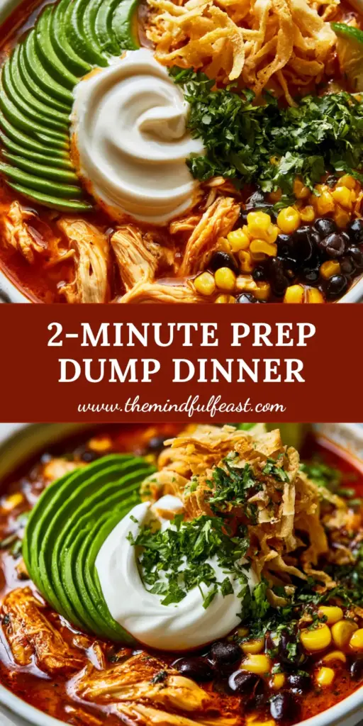 Chicken Tortilla Dump Dinner: The Easiest Zesty One-Pot Meal 4 A rustic white ceramic bowl of Chicken Tortilla Dump Dinner featuring reddish-orange broth, shredded chicken, corn, and black beans topped with avocado slices and a lime wedge.