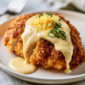 Macro shot of sliced golden-brown Chicken Christopher with visible panko texture and pale yellow sauce drip.