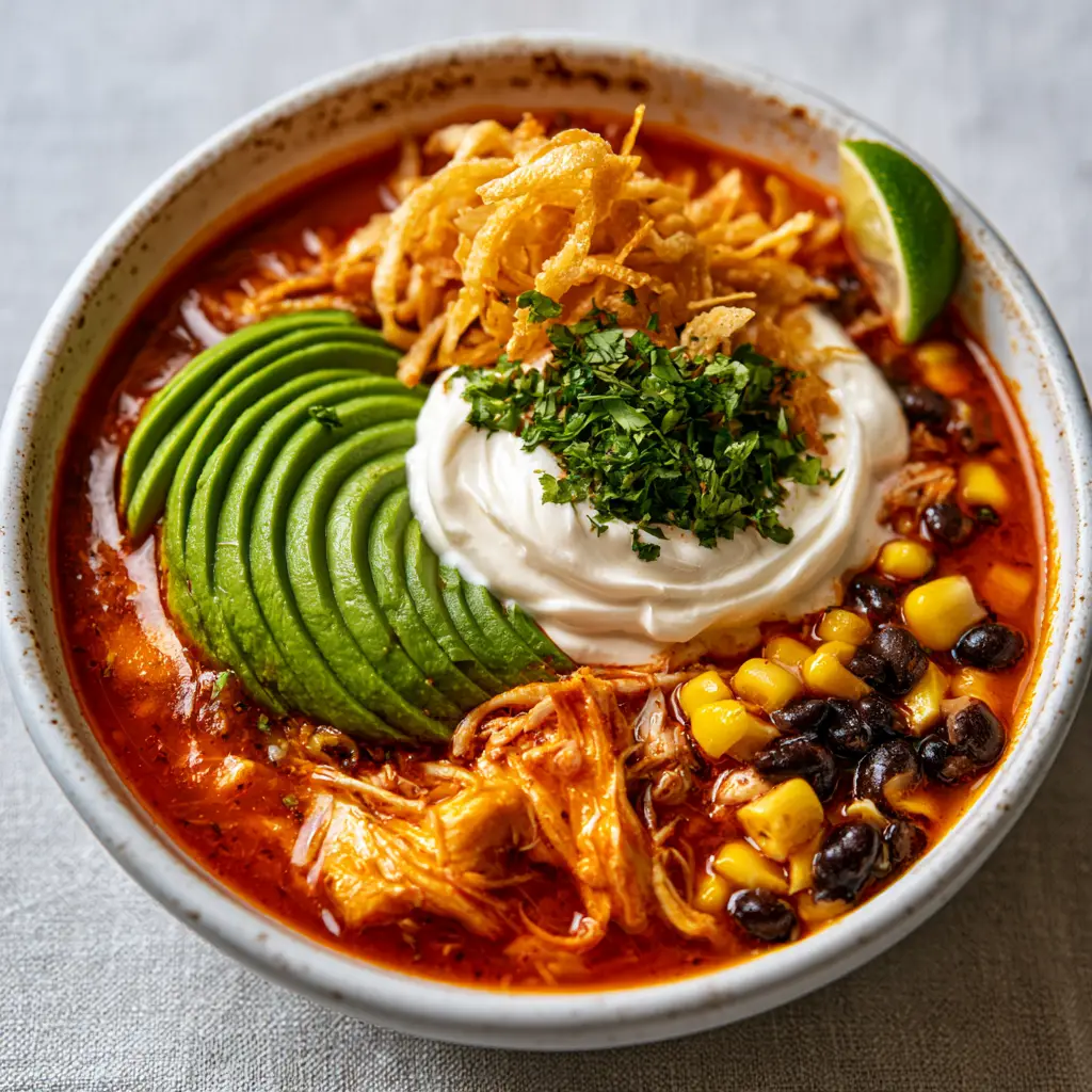 Top-down view of Chicken Tortilla Dump Dinner in a rustic bowl with vibrant tomato broth, corn, black beans, and a swirl of sour cream.