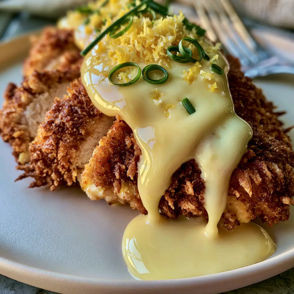 Chicken Christopher with Velvet Lemon Butter Beurre Blanc 1 Top-down view of Chicken Christopher garnished with chives and lemon zest on a luxury matte cream ceramic plate.