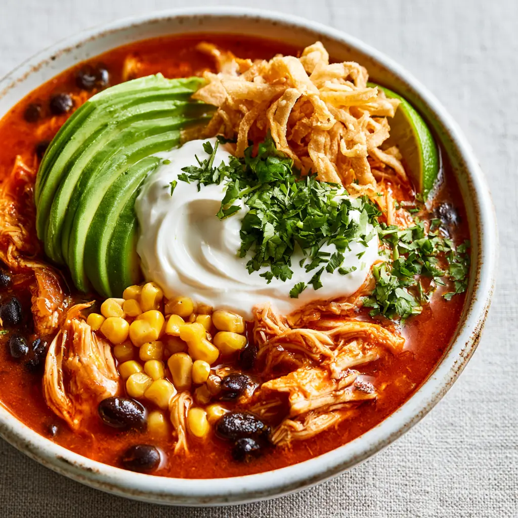 Chicken Tortilla Dump Dinner: The Easiest Zesty One-Pot Meal 1 Angled close-up of Chicken Tortilla Dump Dinner showing golden tortilla strips, creamy avocado fan, and fresh cilantro garnish.