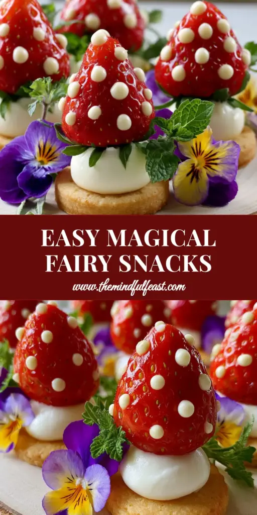 Fairy Party Food Ideas: Whimsical Strawberry Shortbread Toadstools 4 A rustic wooden platter filled with strawberry and mascarpone toadstool snacks decorated with white chocolate dots and edible flowers. (Fairy party food ideas)