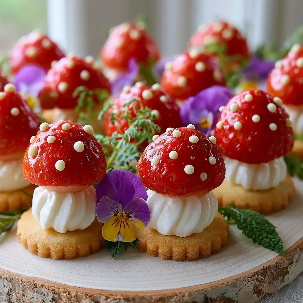 High-angle view of strawberry toadstools on shortbread cookies with purple pansies and mint. (Fairy party food ideas)