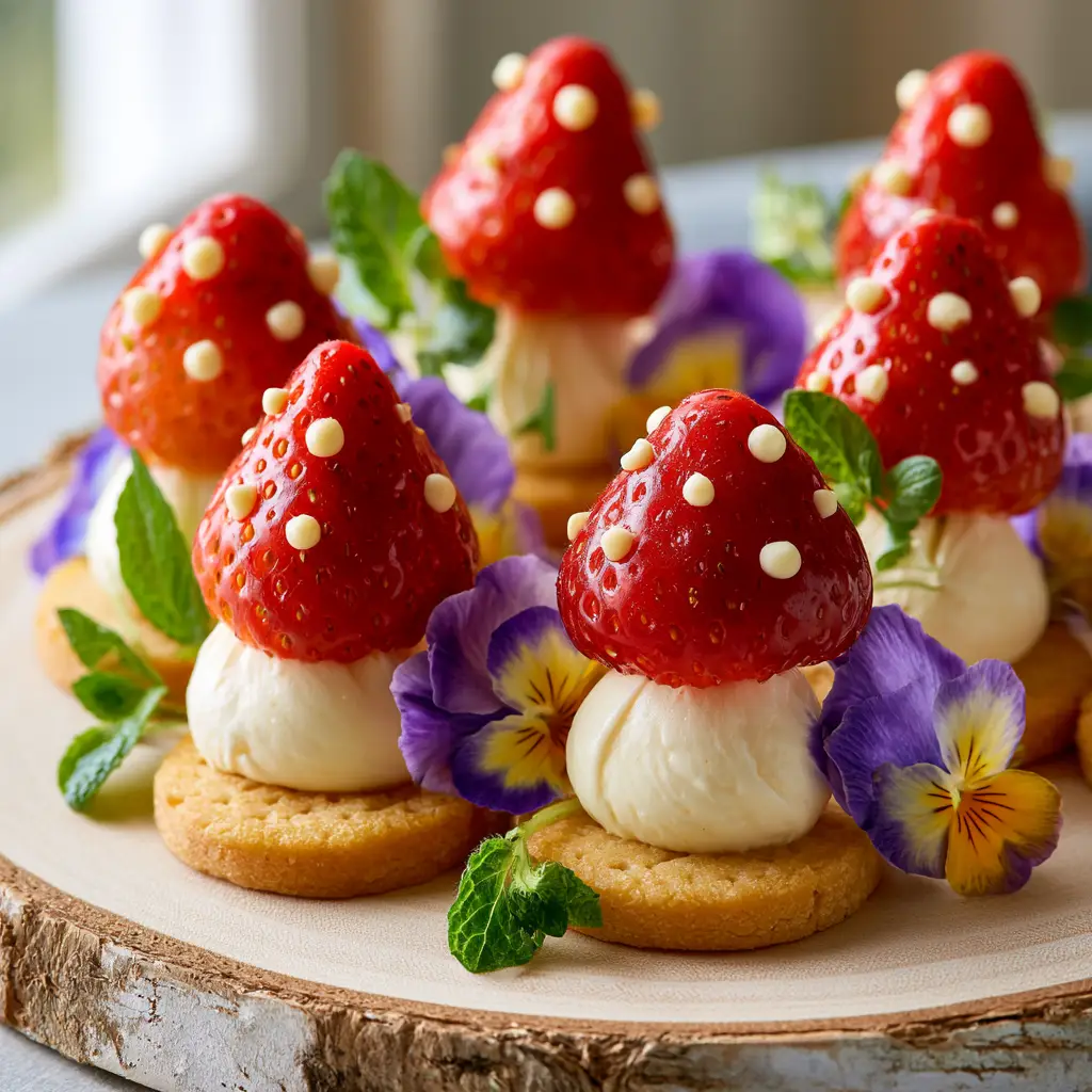 Fairy Party Food Ideas: Whimsical Strawberry Shortbread Toadstools 1 Close up of strawberry toadstool snacks with white chocolate dots and fresh mint sprigs.