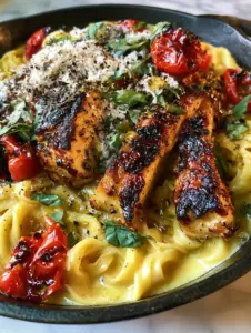 Low-angle shot of golden-brown seared chicken on a bed of glossy yellow fettuccine. (Quick Italian dinner ideas)