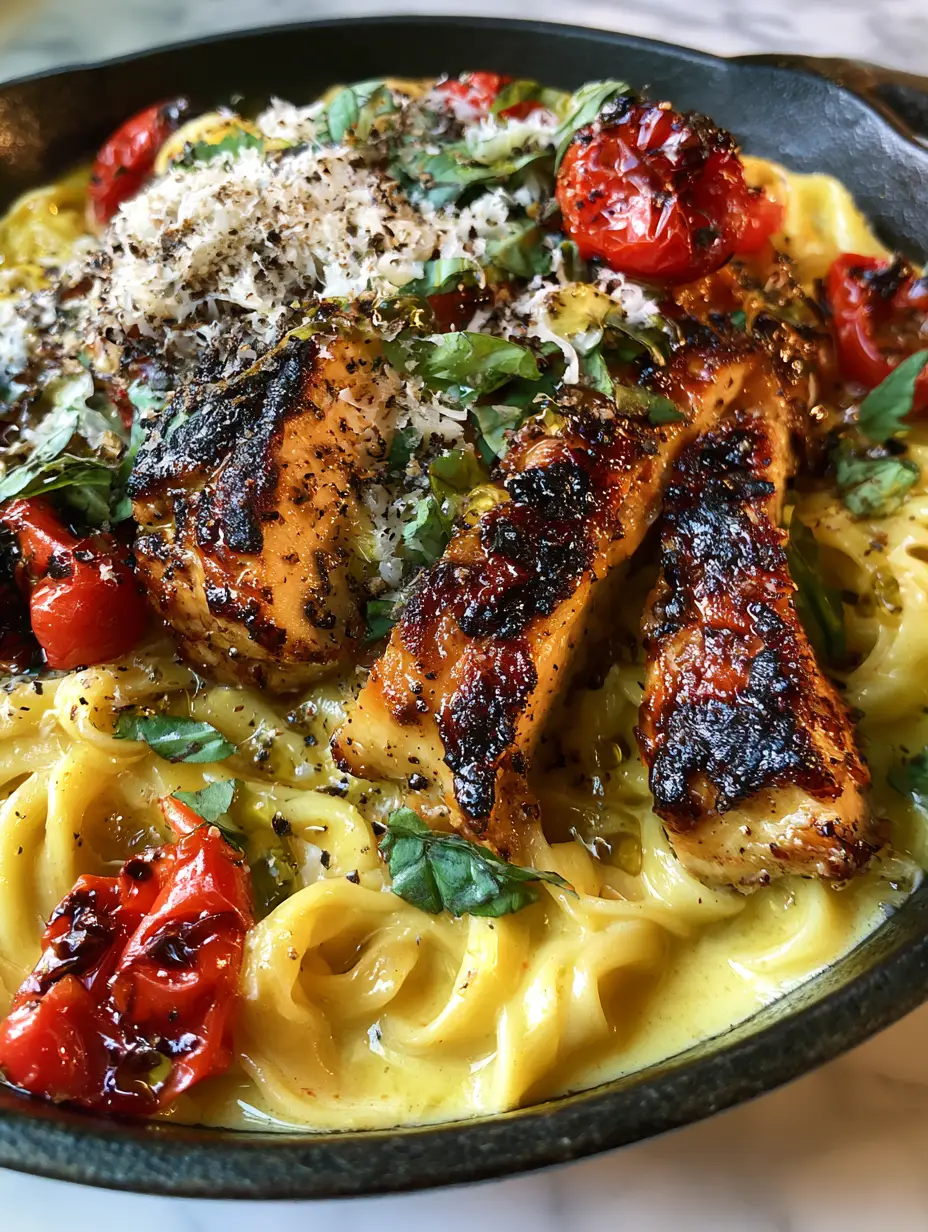 Quick Italian Dinner Ideas: 30-Minute Garlic Butter Chicken Fettuccine 4 Low-angle shot of golden-brown seared chicken on a bed of glossy yellow fettuccine. (Quick Italian dinner ideas)