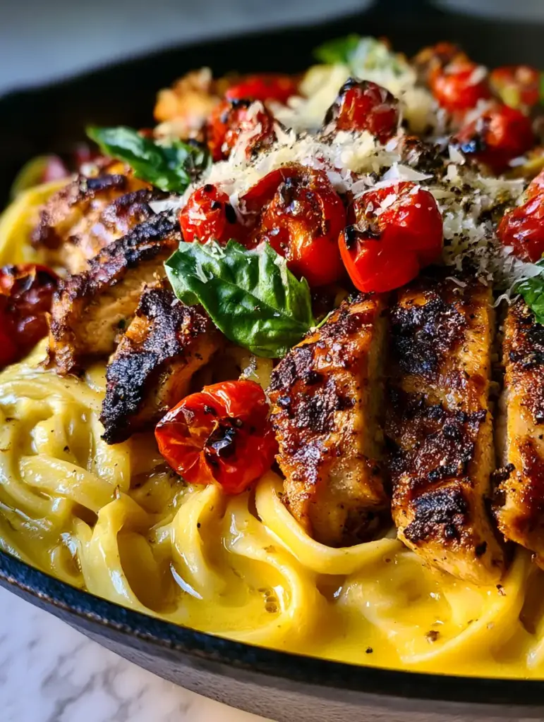 Quick Italian Dinner Ideas: 30-Minute Garlic Butter Chicken Fettuccine 1 Close-up of bursting cherry tomatoes and micro-planed parmesan over pasta in a cast iron pan.