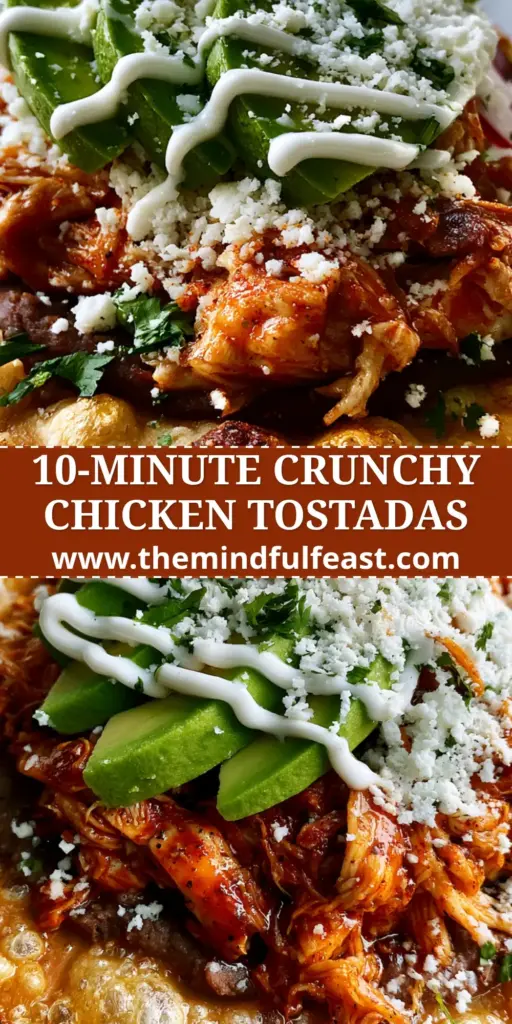 A handheld shot of a single chicken tostada with charred corn tortilla, shredded reddish chicken, avocado, and a crema drizzle on a stone background. (chicken tostadas)