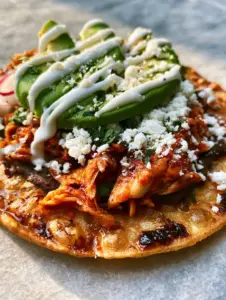 Close-up of a chicken tostada showing the oily bubbles on the fried tortilla and the red taco seasoning on the shredded chicken. (chicken tostadas)
