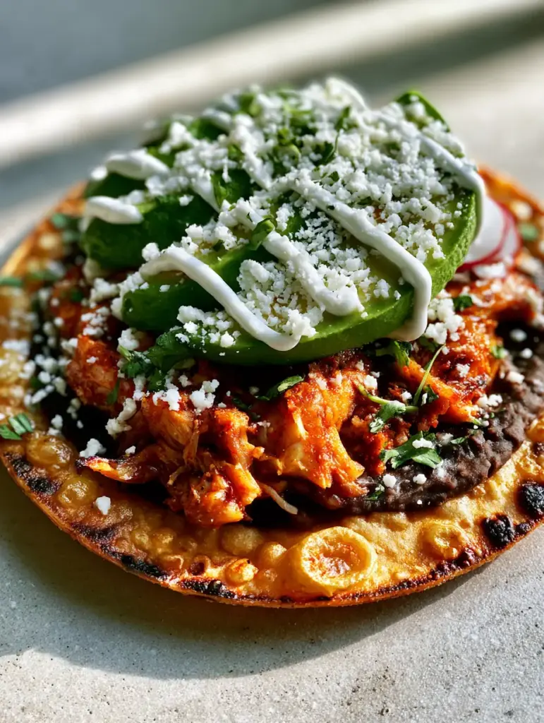 High-angle view of a chicken tostada with visible radish rings, cotija cheese, and cilantro flakes.