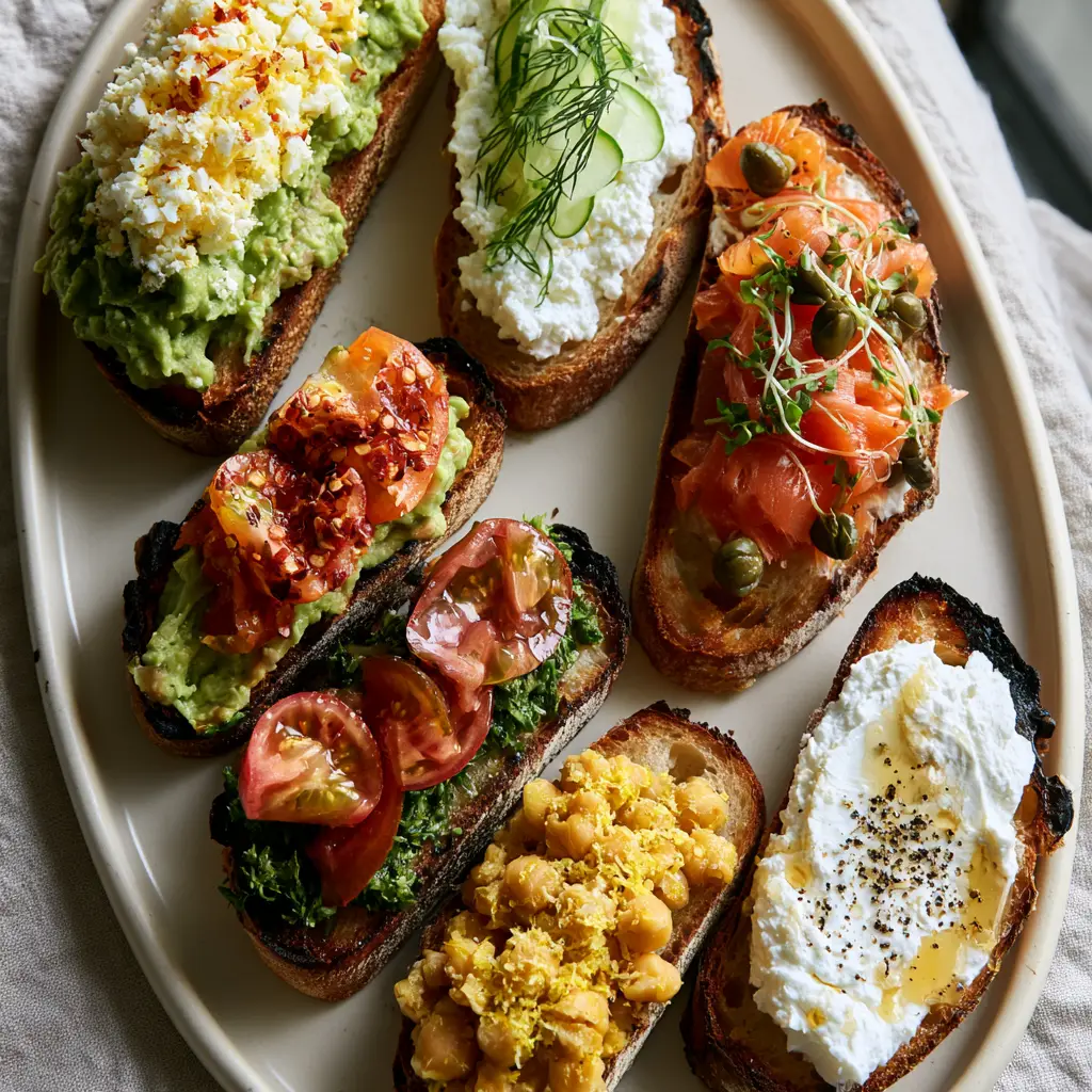 Overhead view of artisanal sourdough breakfast toast with colorful toppings like heirloom tomatoes and cucumber ribbons.