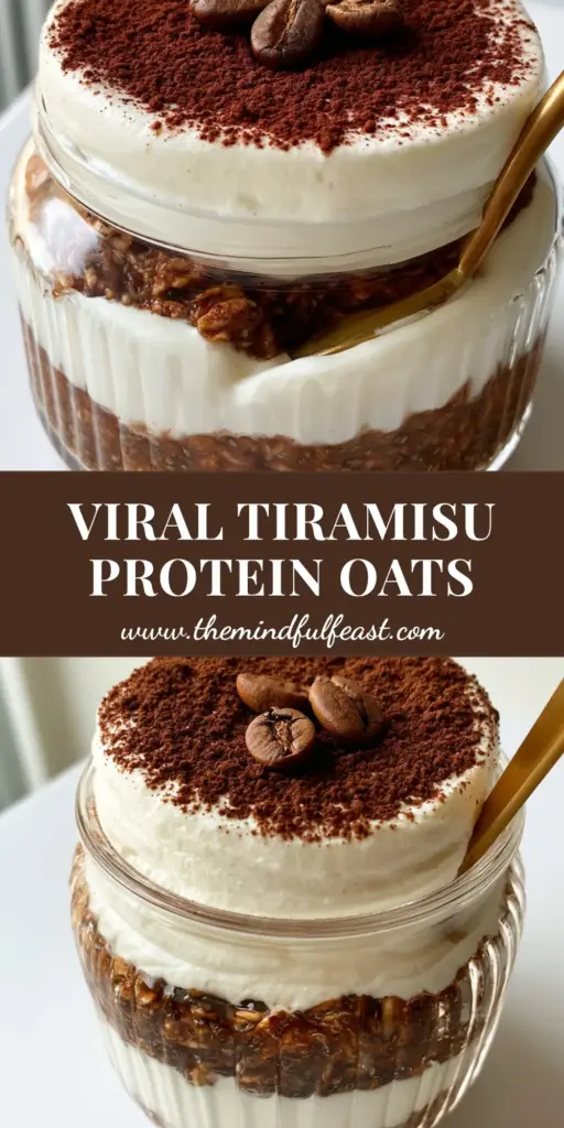 Tiramisu Overnight Oats with Espresso-Soaked Oats and Protein Cream 4 A premium ribbed glass jar filled with tiramisu overnight oats featuring dark espresso oats and white protein cream dusted with cocoa powder and topped with three coffee beans.