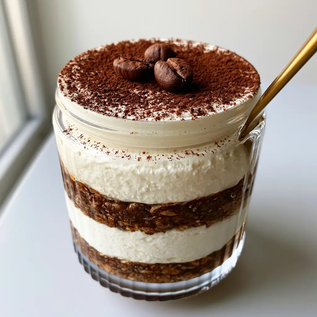 Close up photo of tiramisu overnight oats in a ribbed jar showing the dark brown espresso-soaked oats and chia seeds base.