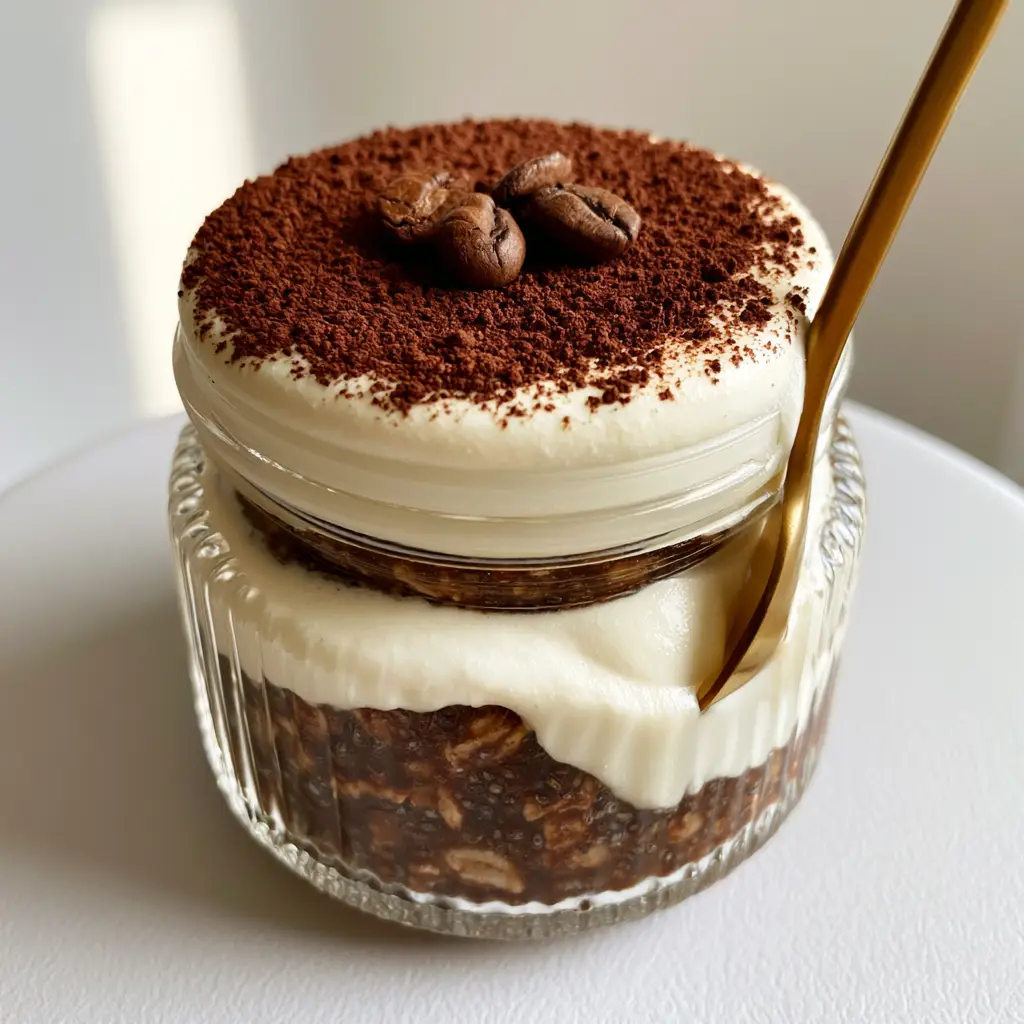 Tiramisu Overnight Oats with Espresso-Soaked Oats and Protein Cream 1 Top view of tiramisu overnight oats dusted with matte dark cocoa powder and garnished with roasted coffee beans.