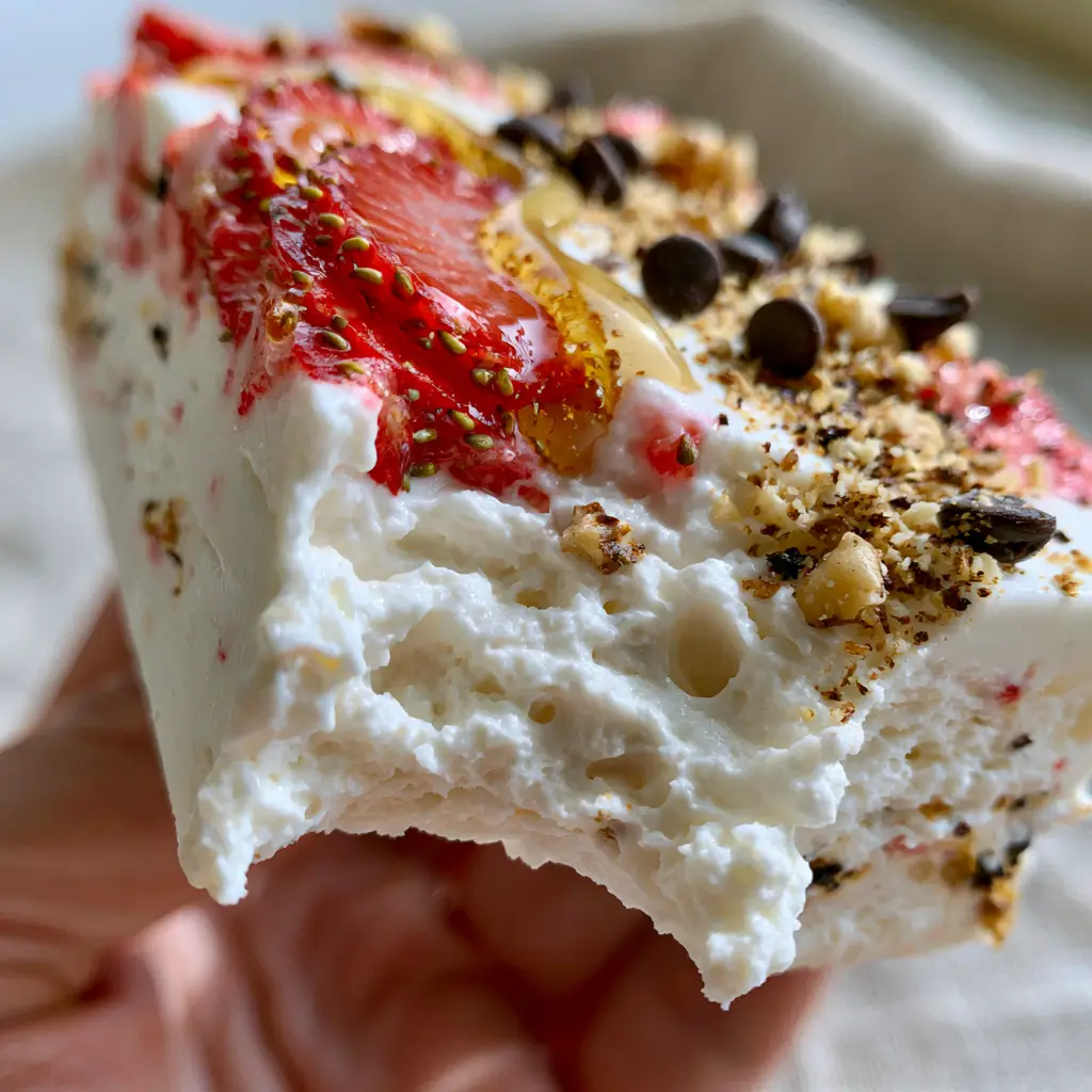 Close-up of a thick white frozen yogurt bar with sliced strawberries and chocolate chips. (frozen yogurt bars)