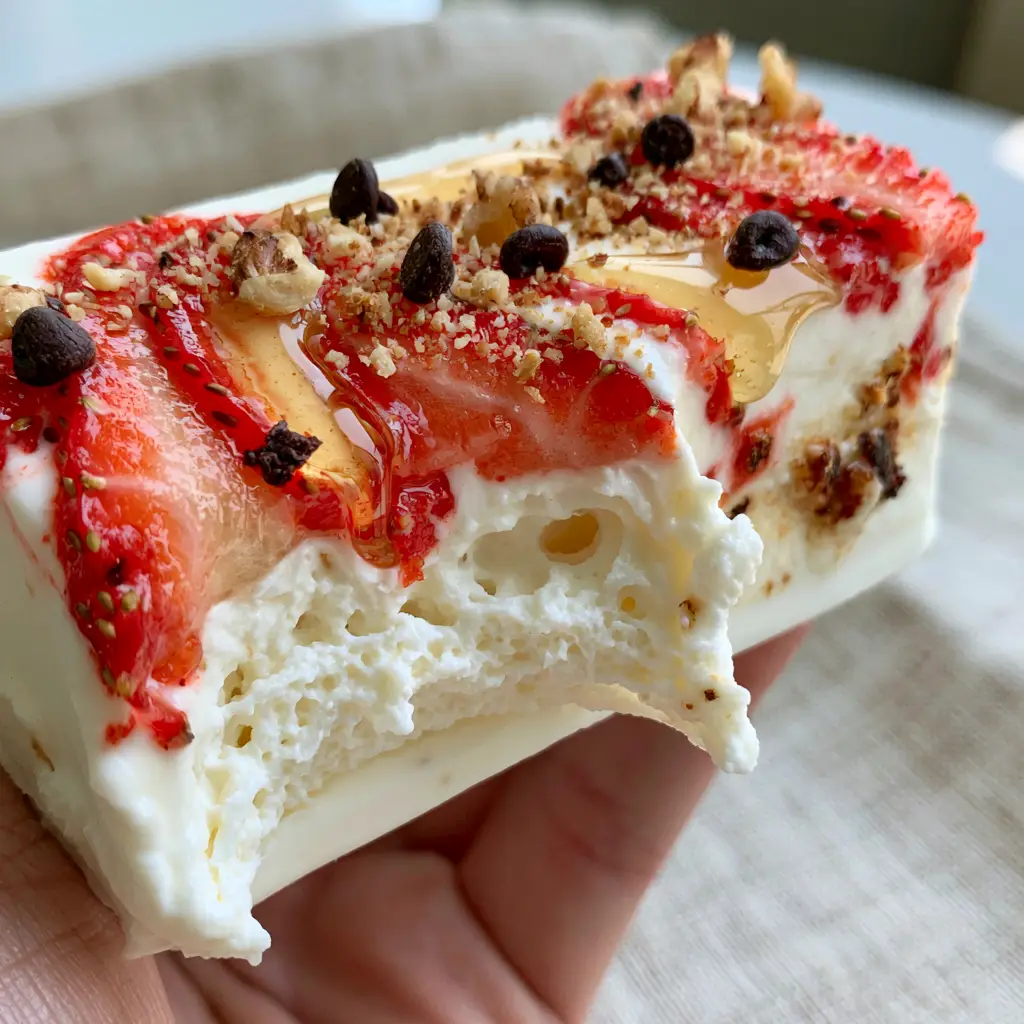Frozen Yogurt Bars: The Ultimate Creamy Strawberry and Honey Treat 1 A rectangular frozen yogurt bar held in a hand featuring toasted walnuts and honey. (frozen yogurt bars)