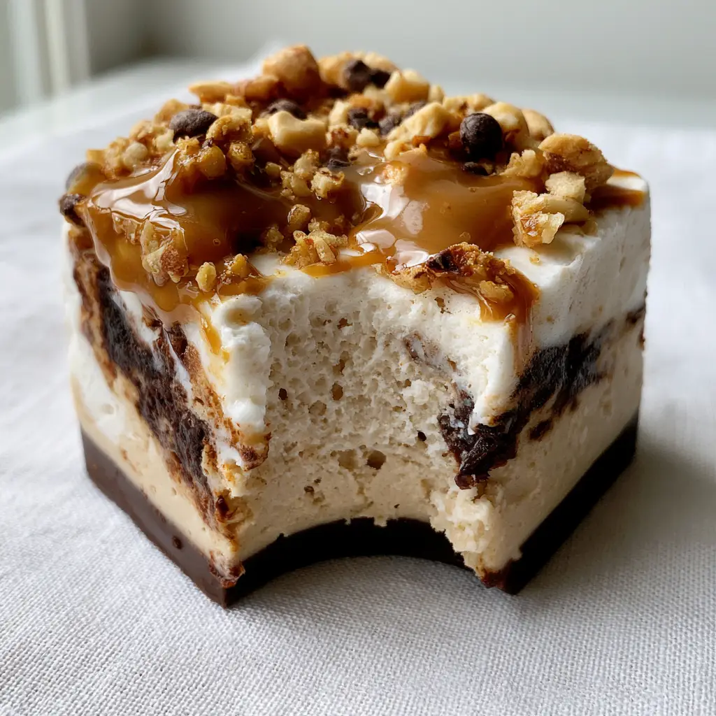 A close-up handheld shot of a thick rectangular Peanut Butter Frozen Yogurt Bar with a bite taken out, showing the velvety texture and air bubbles.