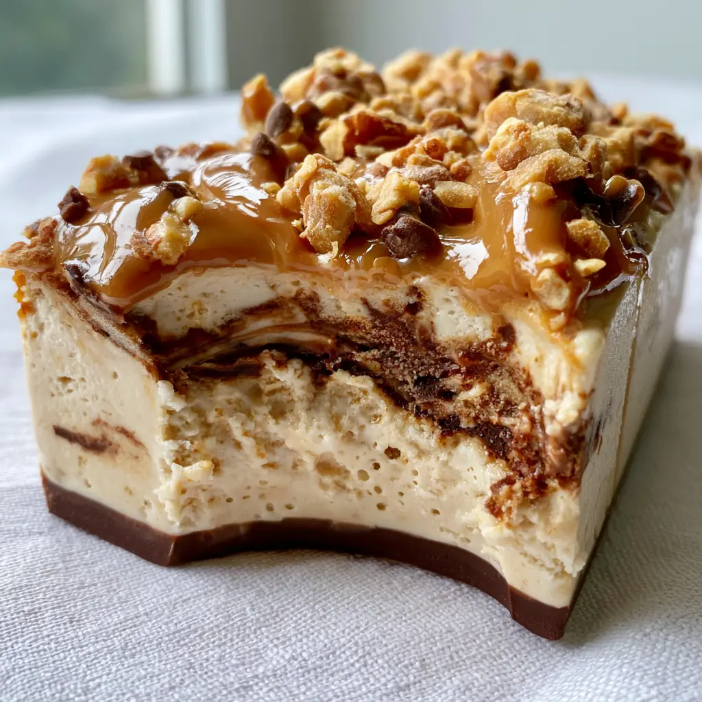 Peanut Butter Frozen Yogurt Bars with Dark Chocolate Fudge Swirls 1 Overhead view of Peanut Butter Frozen Yogurt Bars showing the glossy peanut butter drizzle and dark chocolate chips.