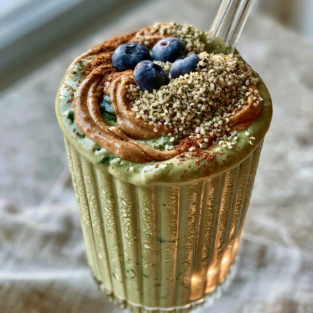 Macro shot of a velvety green smoothie base with a yogurt swirl. (breakfast smoothie recipes)