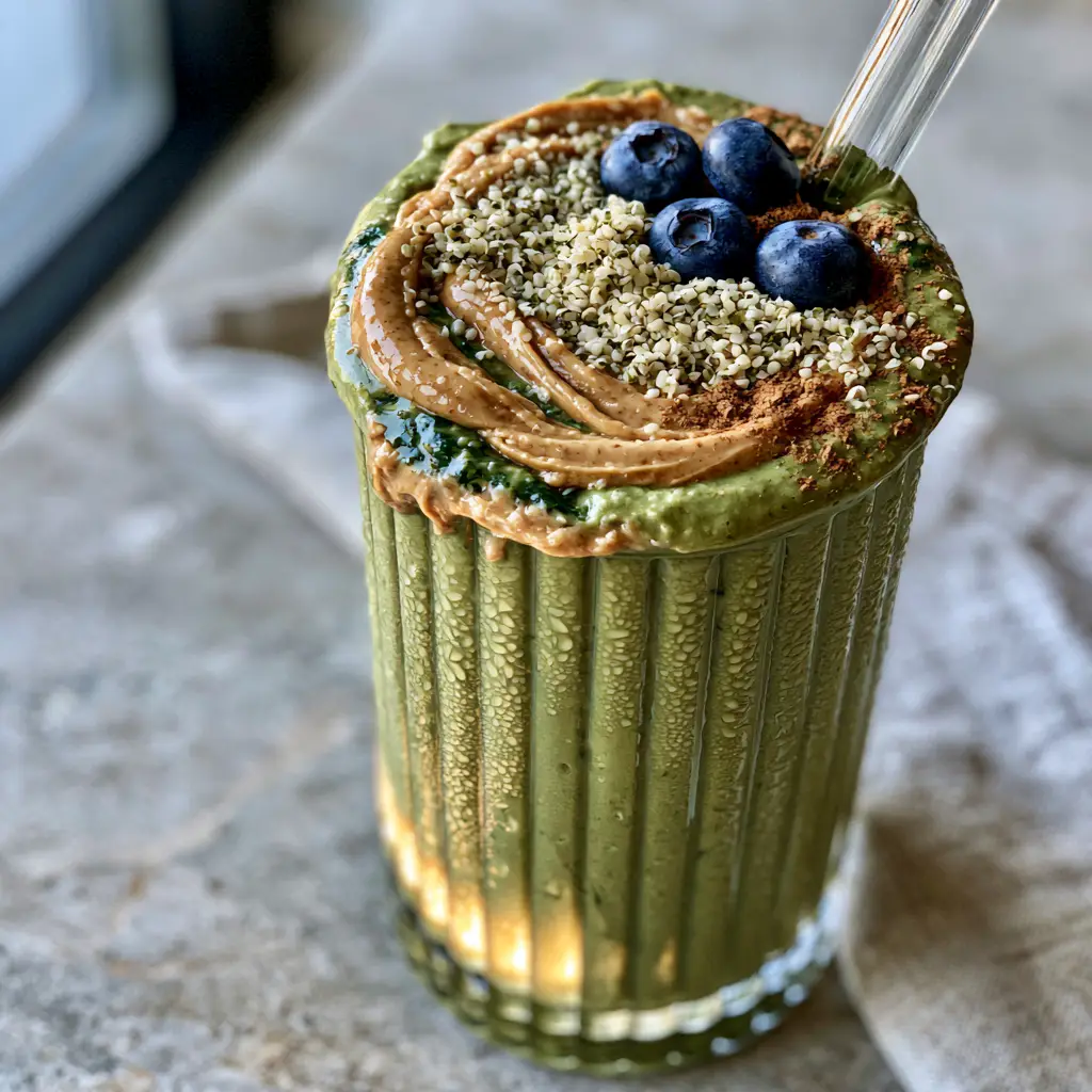 Breakfast Smoothie Recipes: The Ultimate Creamy Avocado and Spinach Power Blend 1 Top view of a smoothie with almond butter, hemp seeds, and three blueberries.