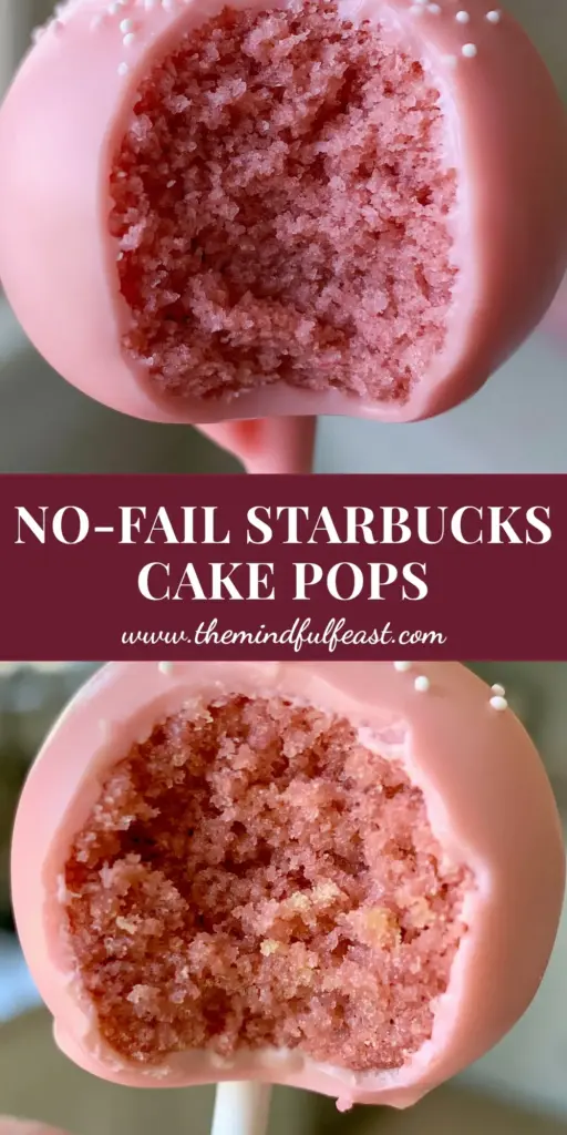 A handheld Starbucks-style pink cake pop with a bite taken out, showing the fudgy pink interior. (cake pop recipes)